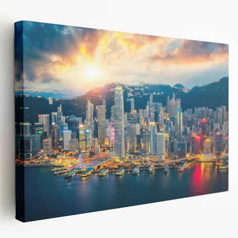 Hong Kong skyline in muted blue and gray tones on a large stretched canvas, suitable for kitchen wall art.