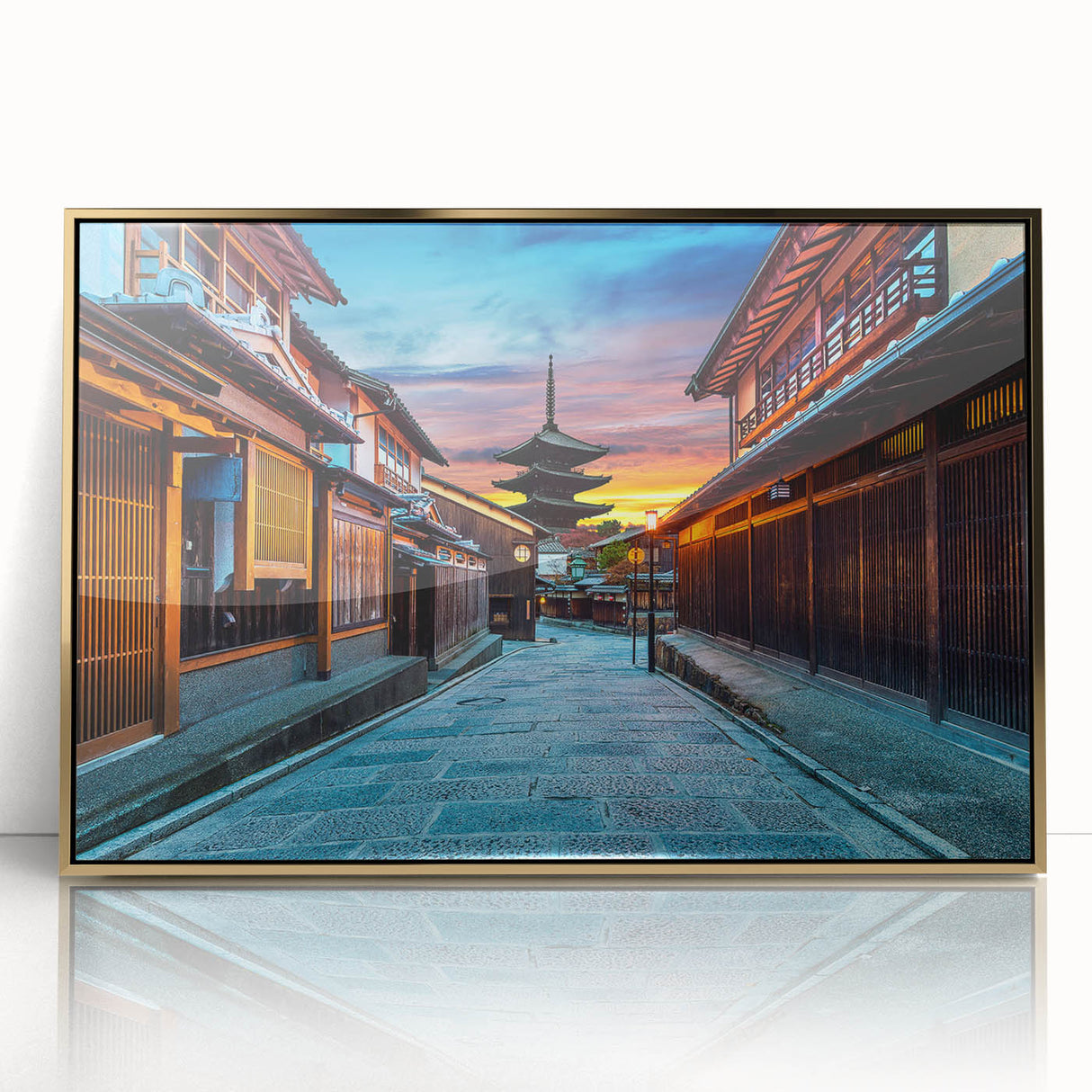 Large art print of Kyoto scenery, featuring mid-century modernist style in gold tones on framed acrylic.