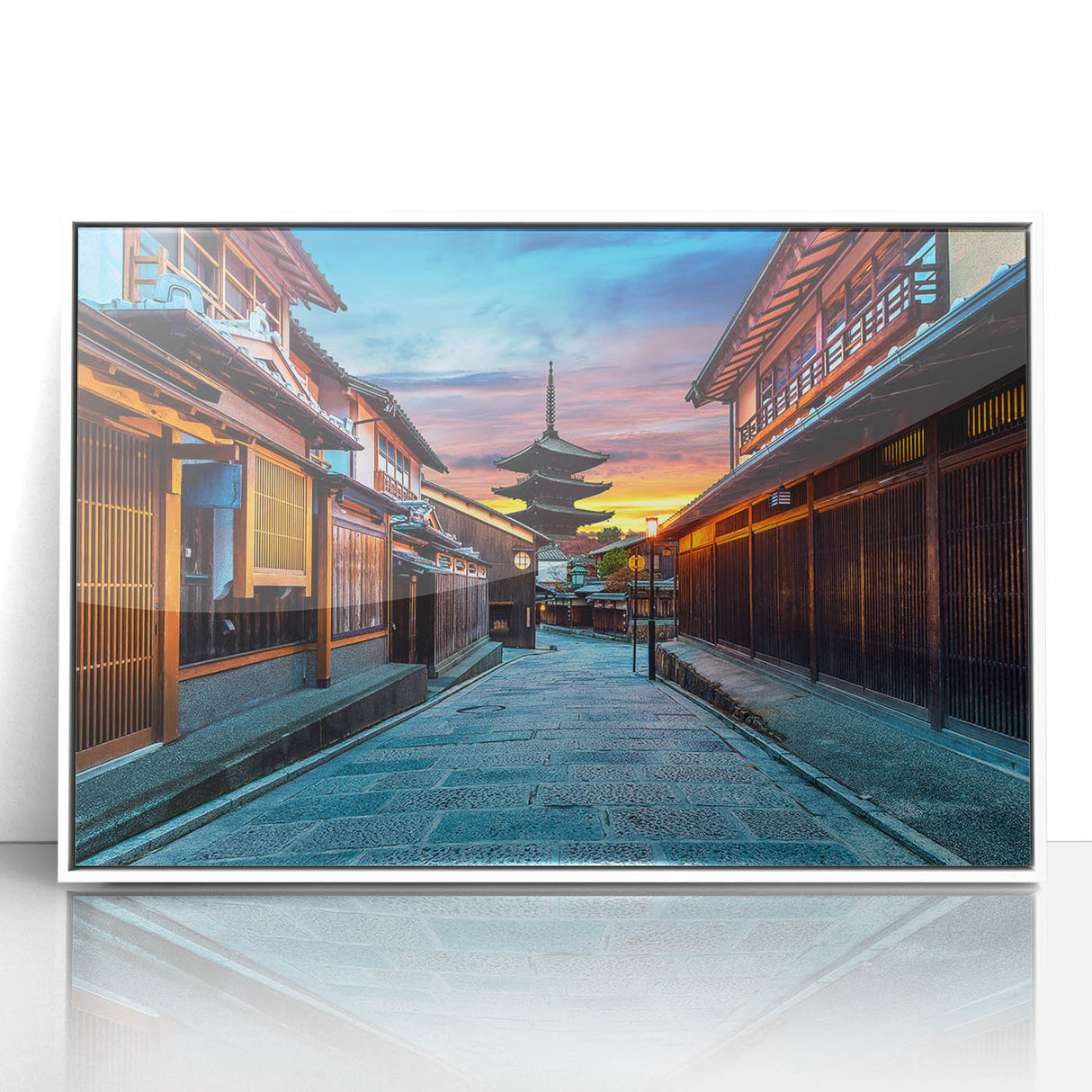 Art deco style poster of Kyoto scenery, featuring muted pastel colors on a framed acrylic, suitable for modern nursery decor.