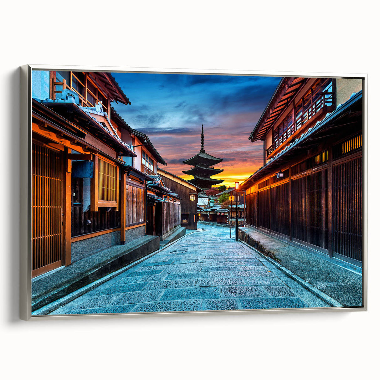 Framed canvas landscape art painting of Kyoto with colorful autumn trees and traditional Japanese architecture.
