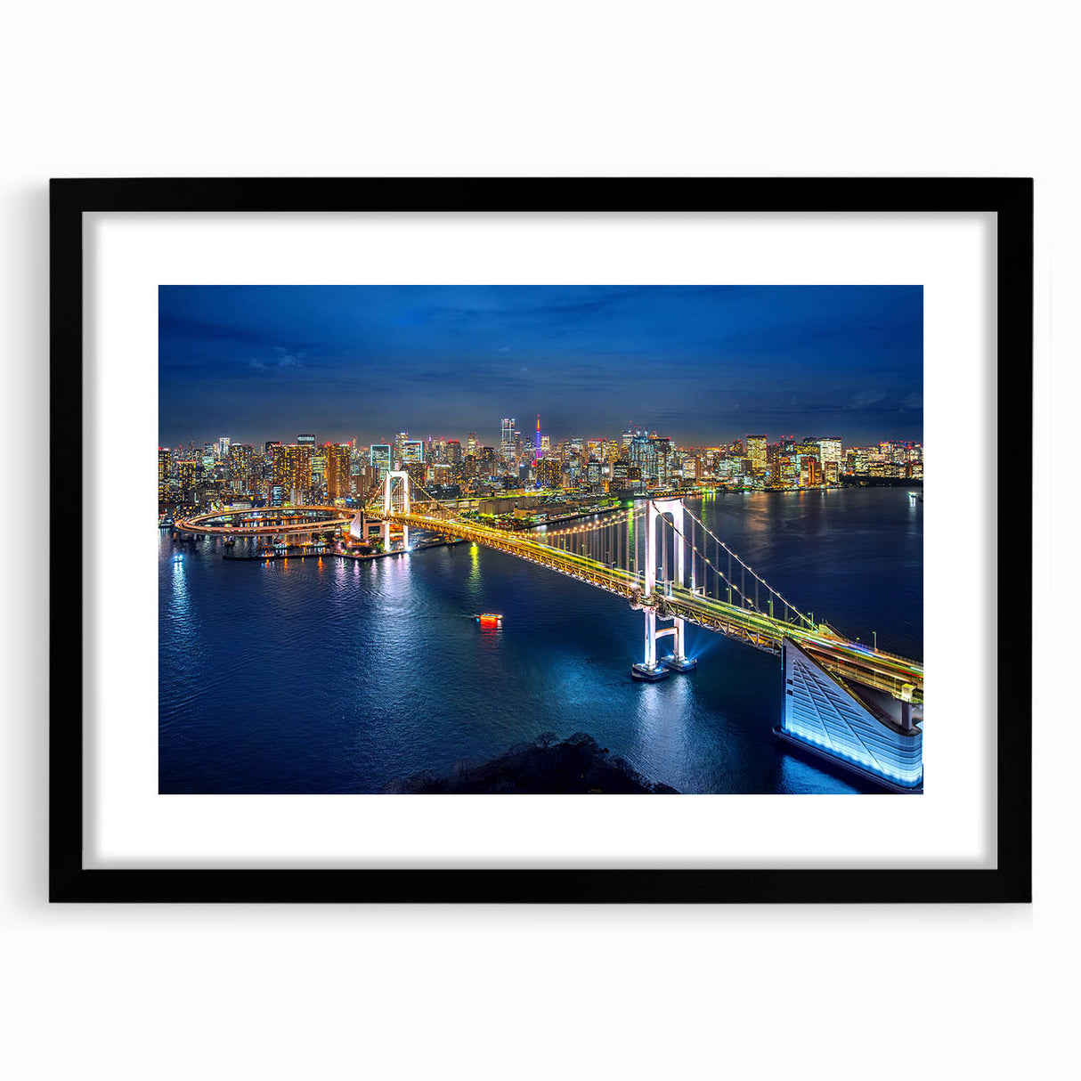 Extra large abstract art print of Tokyo skyline in vibrant, colorful hues on textured canvas, framed in black.