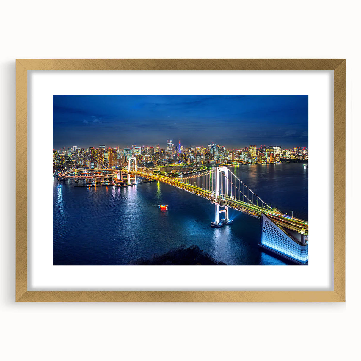 Extra large abstract art print of Tokyo skyline in textured gold frame, ideal for living room decor.