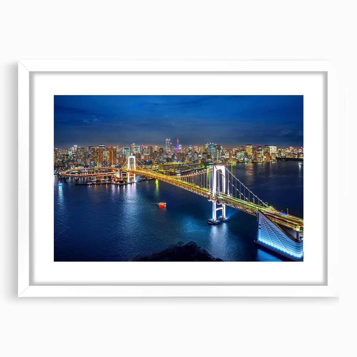 Abstract art print of Tokyo skyline in muted gray and blue tones on a framed white mat.