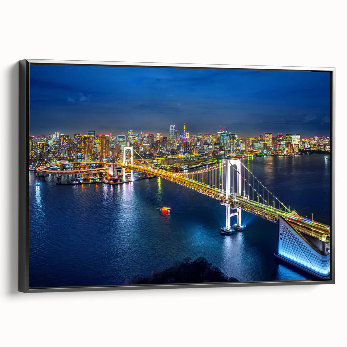Black and white wall art featuring a vintage Tokyo landscape on framed canvas, ideal for bedroom decor.