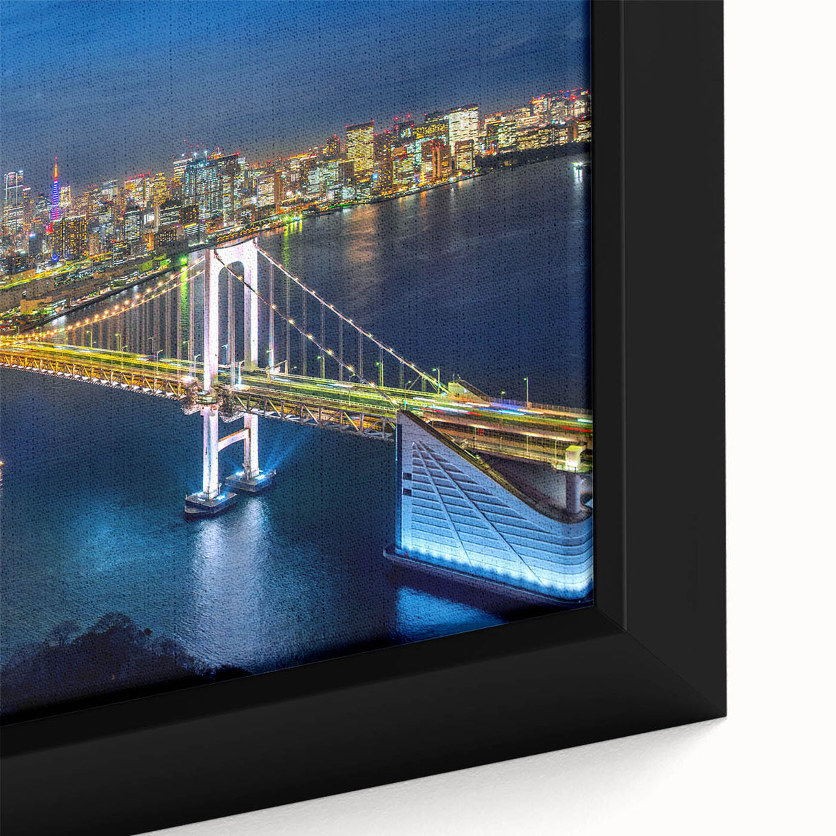 Extra large framed canvas of a textured Tokyo cityscape in black with colorful accents, ideal for living room decor.