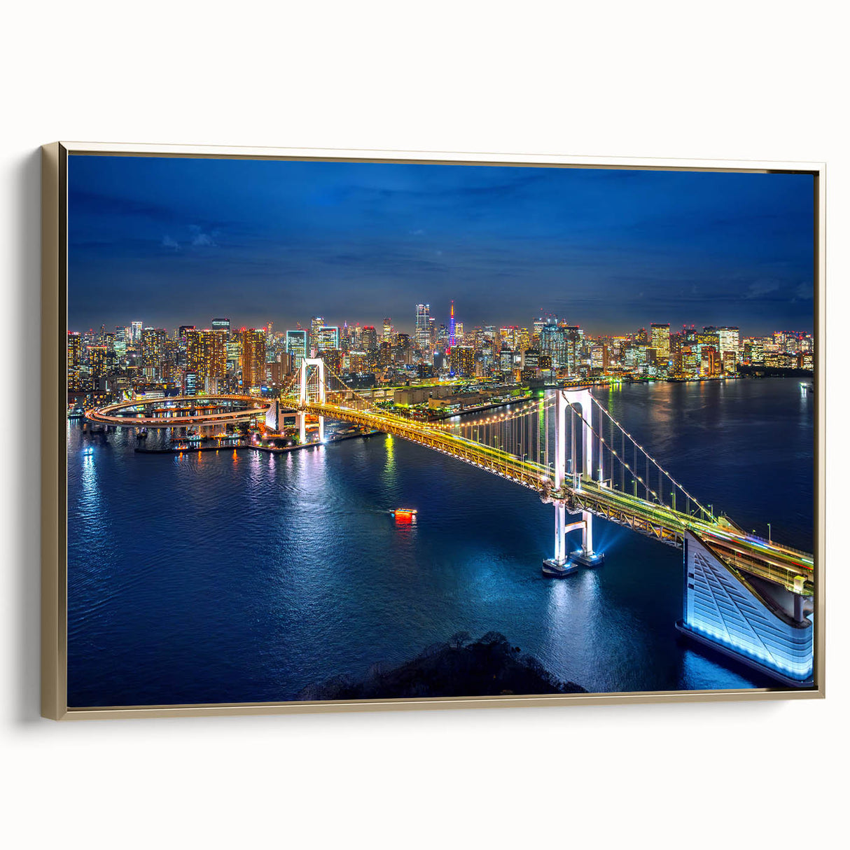 Framed canvas depicting a vintage-style Tokyo landscape in muted gold and black tones, ideal for bedroom wall art.