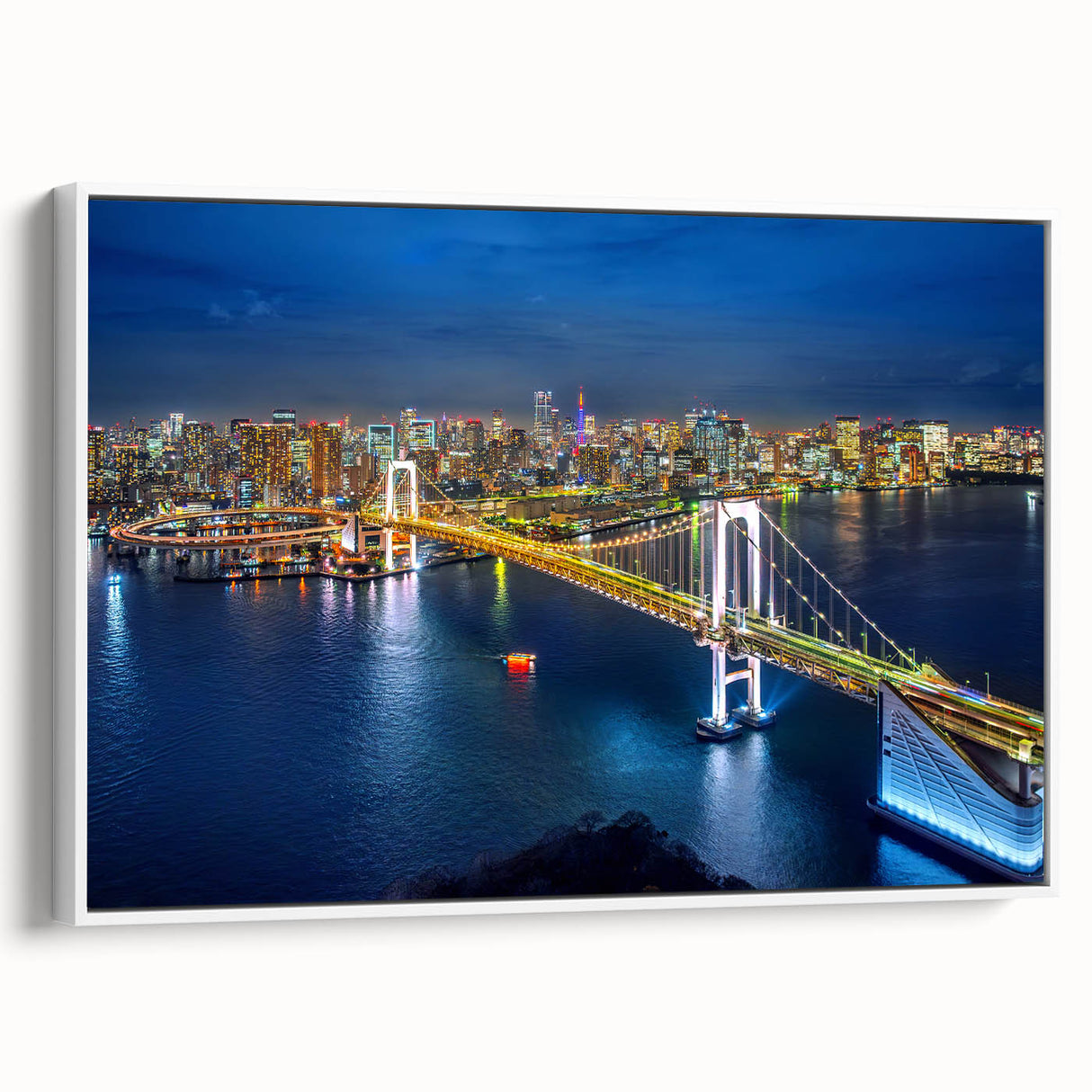 Extra large framed canvas of vintage poster art featuring colorful Tokyo scenery, ideal for living room decor.