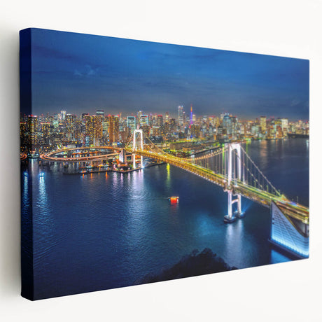 Large canvas print of Tokyo skyline in muted gray and blue tones, ideal for kitchen wall art.