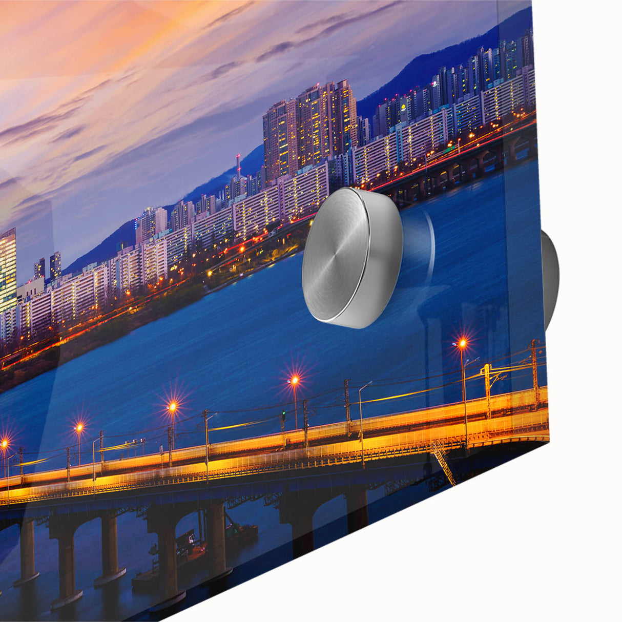 Large abstract depiction of Seoul in muted earth tones on acrylic glass, suitable as mid-century modernist dining room art.