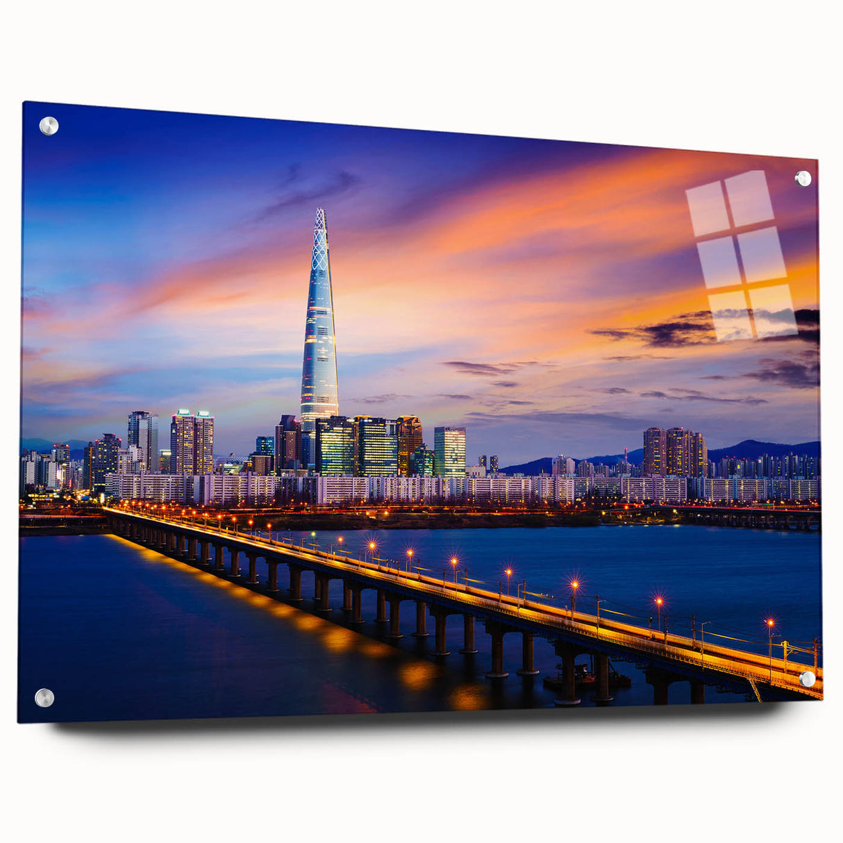 Acrylic print of Seoul skyline in muted gray and blue tones, suitable for modern bedroom or dining room decor.