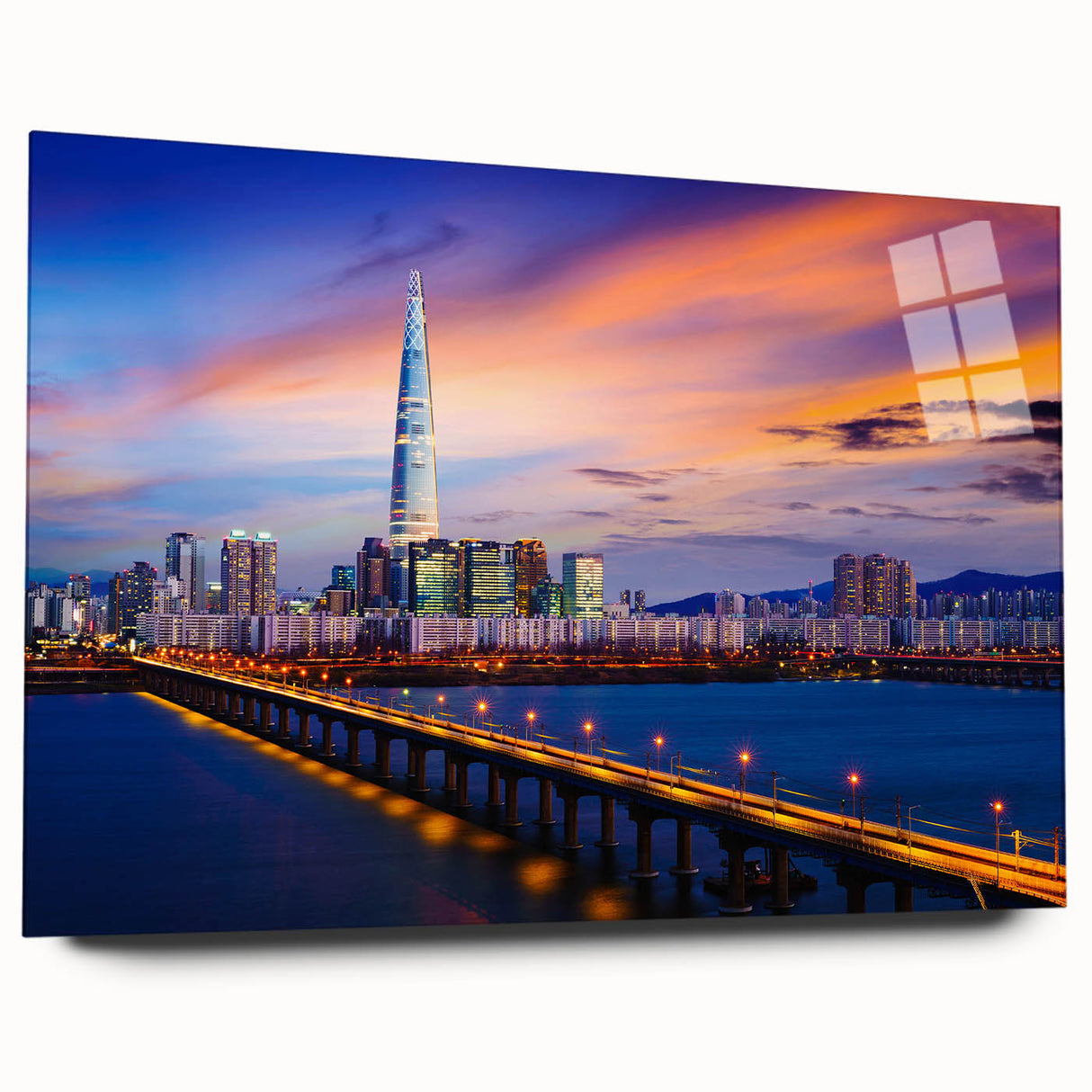 Acrylic print of a large abstract depiction of Seoul, featuring vibrant blue and green tones.