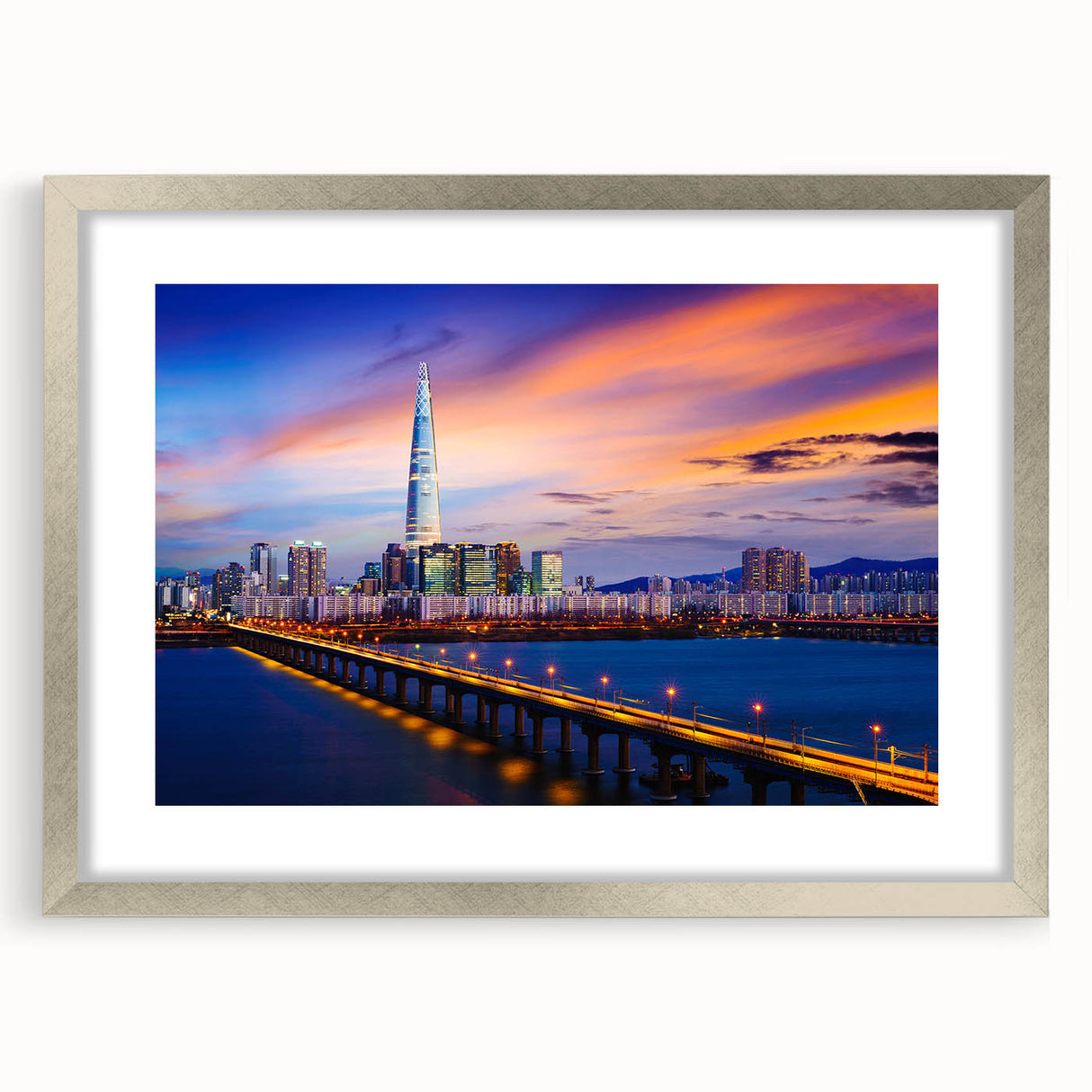 Textured art print of abstract Seoul skyline in muted gray and silver tones, framed in silver, ideal for bedroom decor.