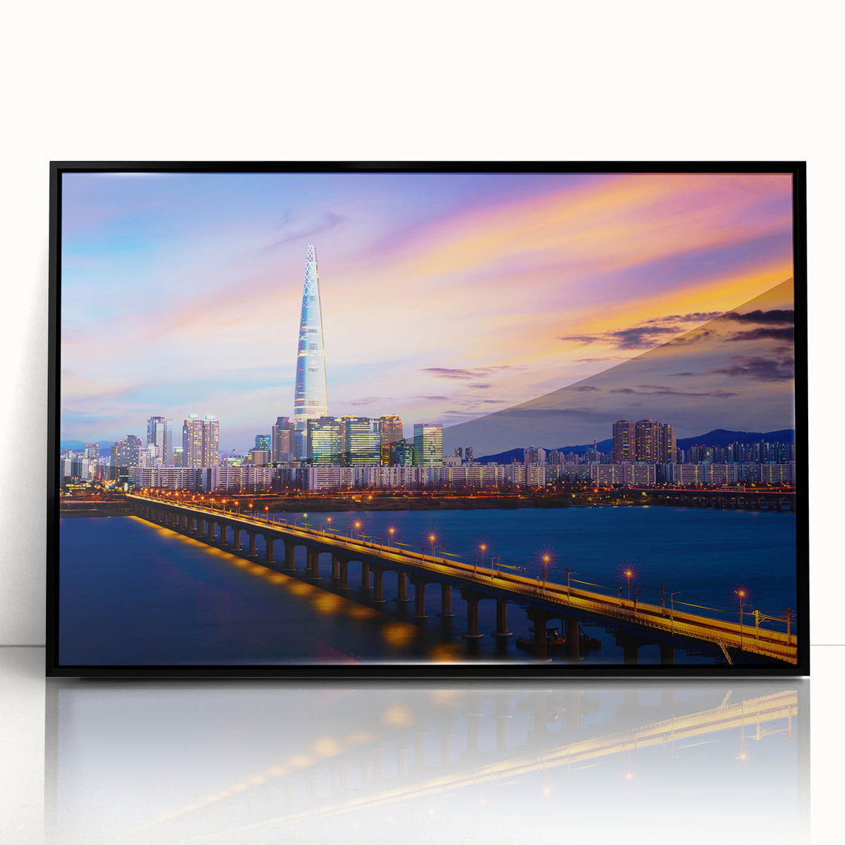 Large abstract wall art depicting the Seoul skyline in black and white tones on a framed acrylic.