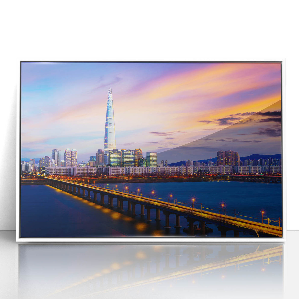 Modern art wall decor featuring a minimalist Seoul skyline in monochrome tones on a framed acrylic panel.