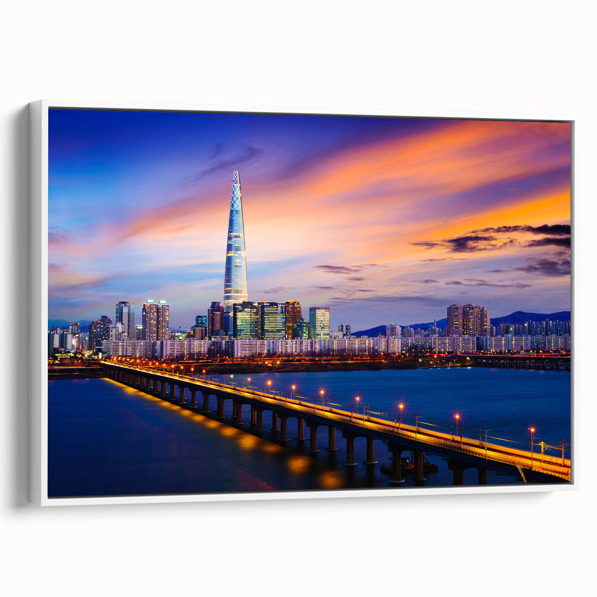 Vintage poster art of Seoul's skyline with colorful accents on extra-large framed canvas, ideal for living room decor.