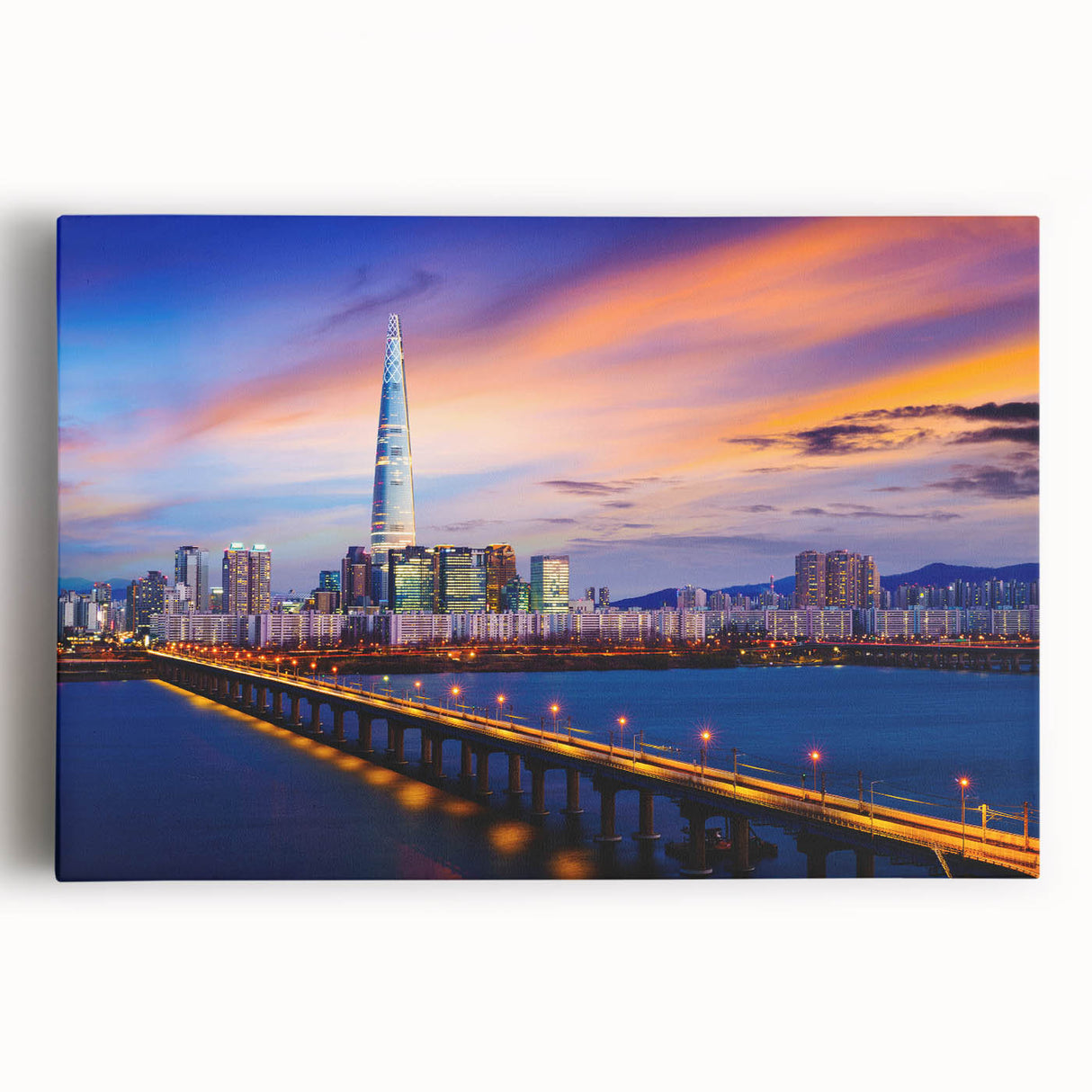 Black and white large art print of Seoul skyline on stretched canvas, ideal for kitchen wall art.