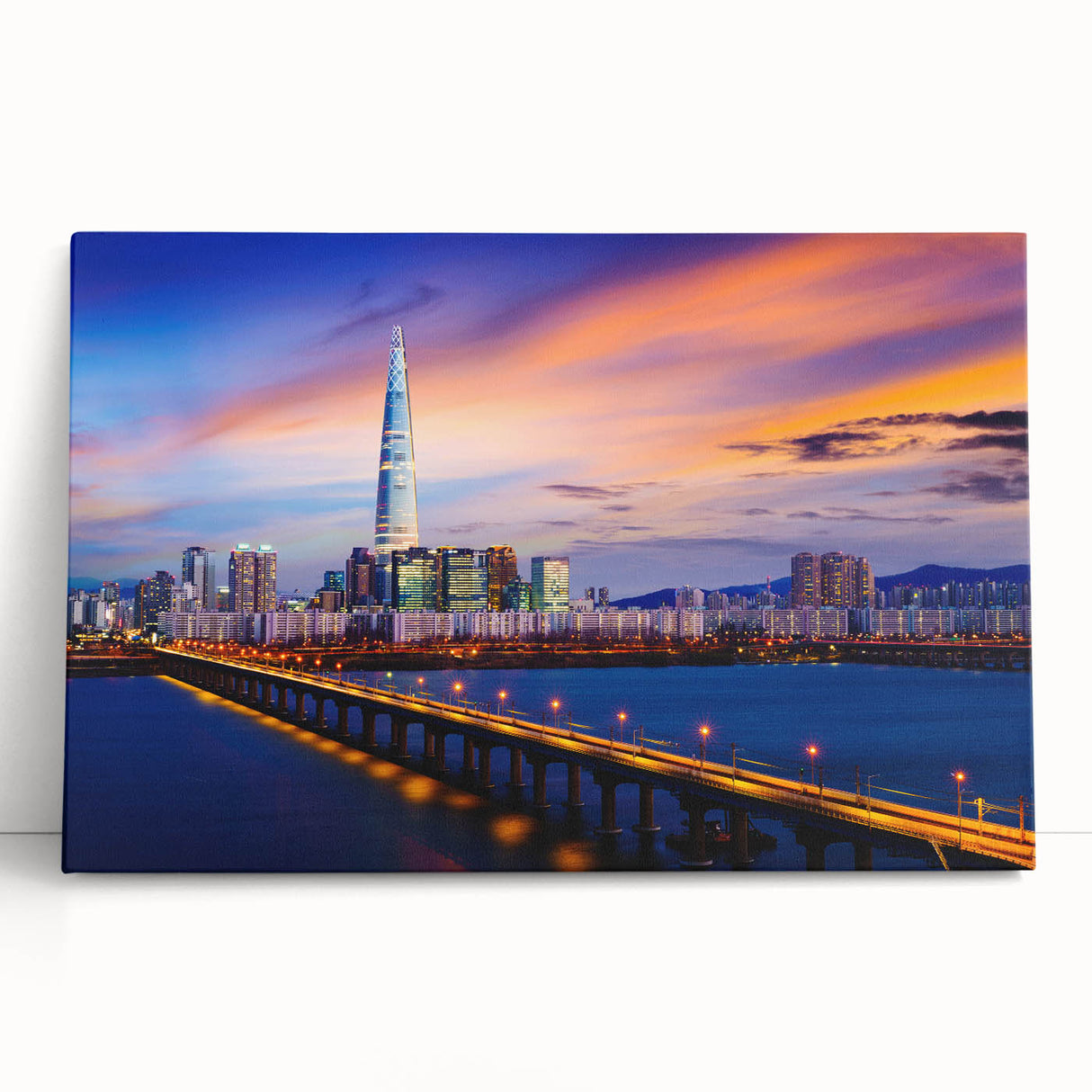 Black and white large art print of Seoul skyline on stretched canvas, ideal for kitchen wall art or bedroom ambiance.