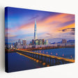 Large canvas print of Seoul skyline in muted gray and blue tones, ideal for kitchen wall art.