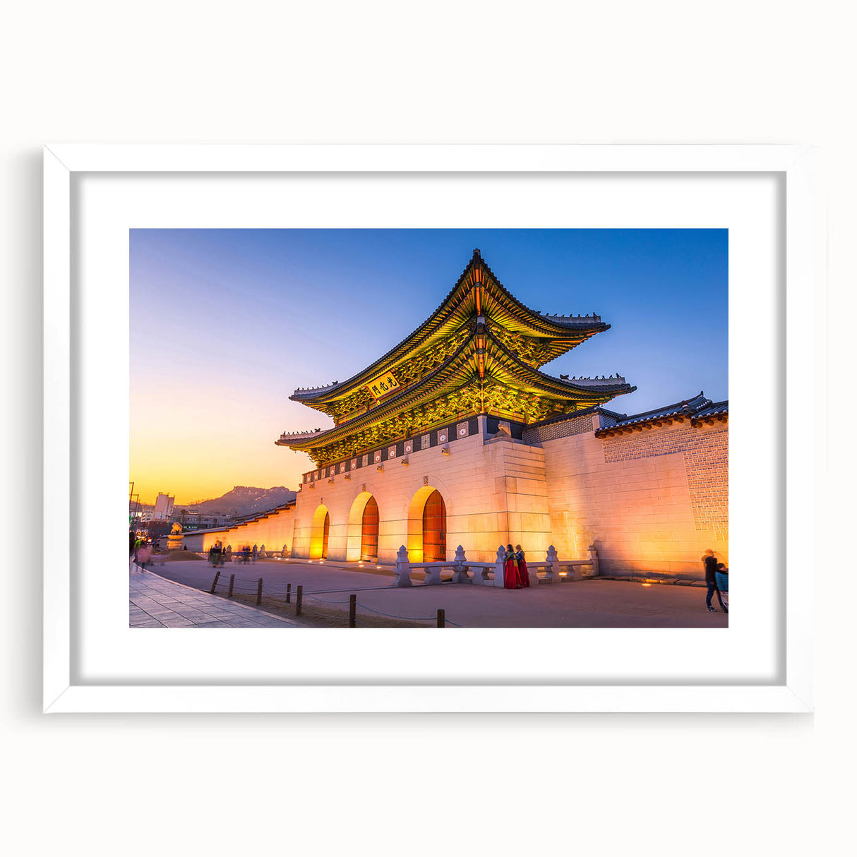 Abstract art print of a serene Korean landscape in muted green and blue tones on a framed white mat.