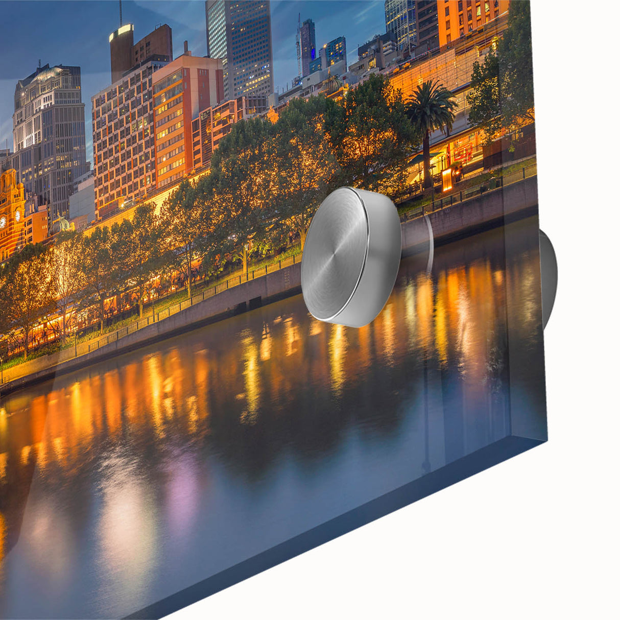 Large abstract depiction of Melbourne skyline in muted earth tones on acrylic glass, suitable for dining room art.