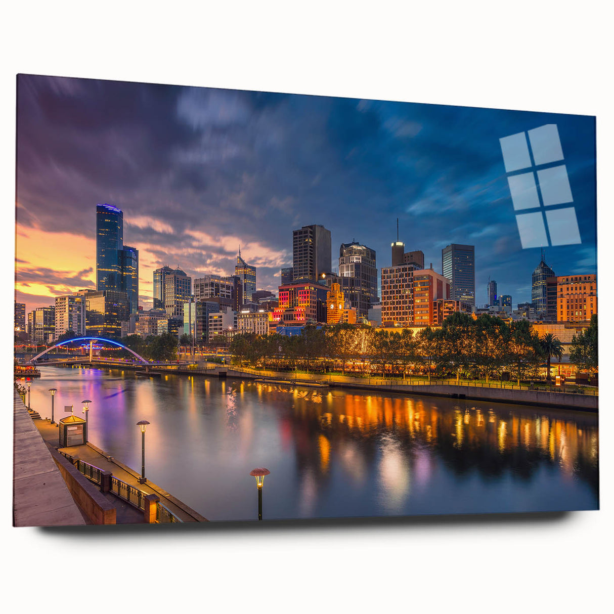 Large abstract depiction of Melbourne skyline in muted blue and gray on acrylic glass.