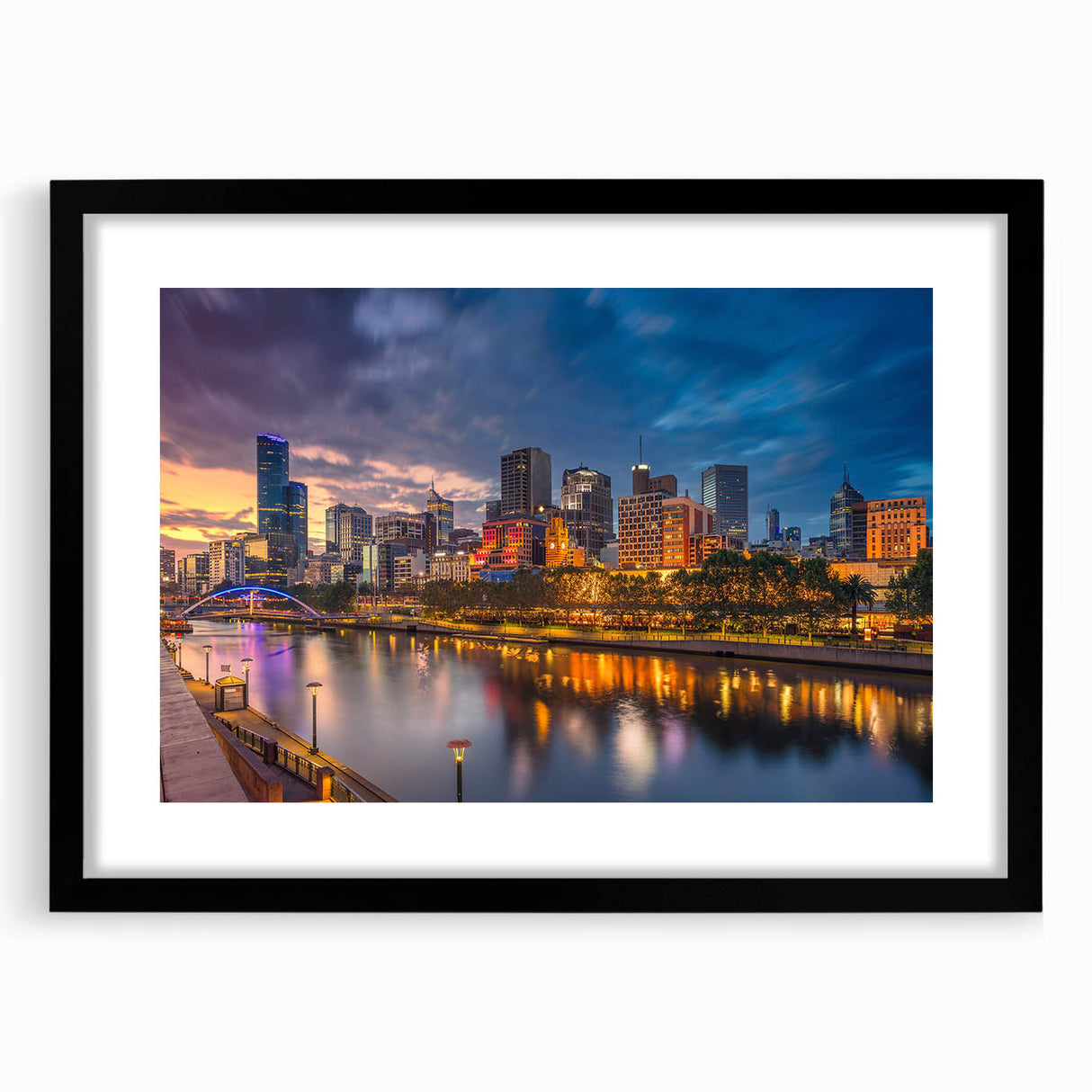 Colorful abstract art print of Melbourne scenery in vibrant hues on a large canvas, ideal for living room decor.