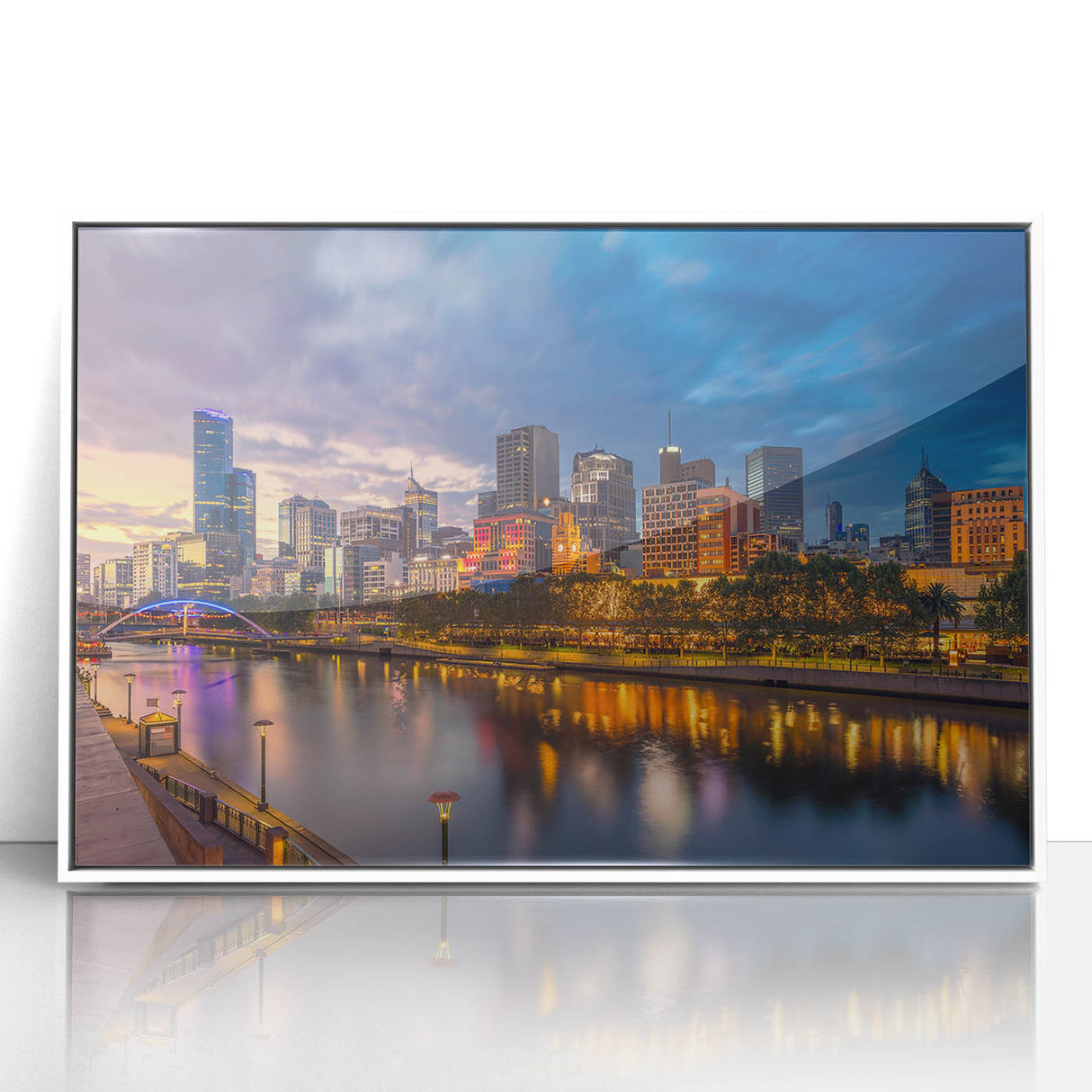 Mid-century modernist Melbourne skyline in muted earth tones on a large framed acrylic, suitable for modern art wall decor.