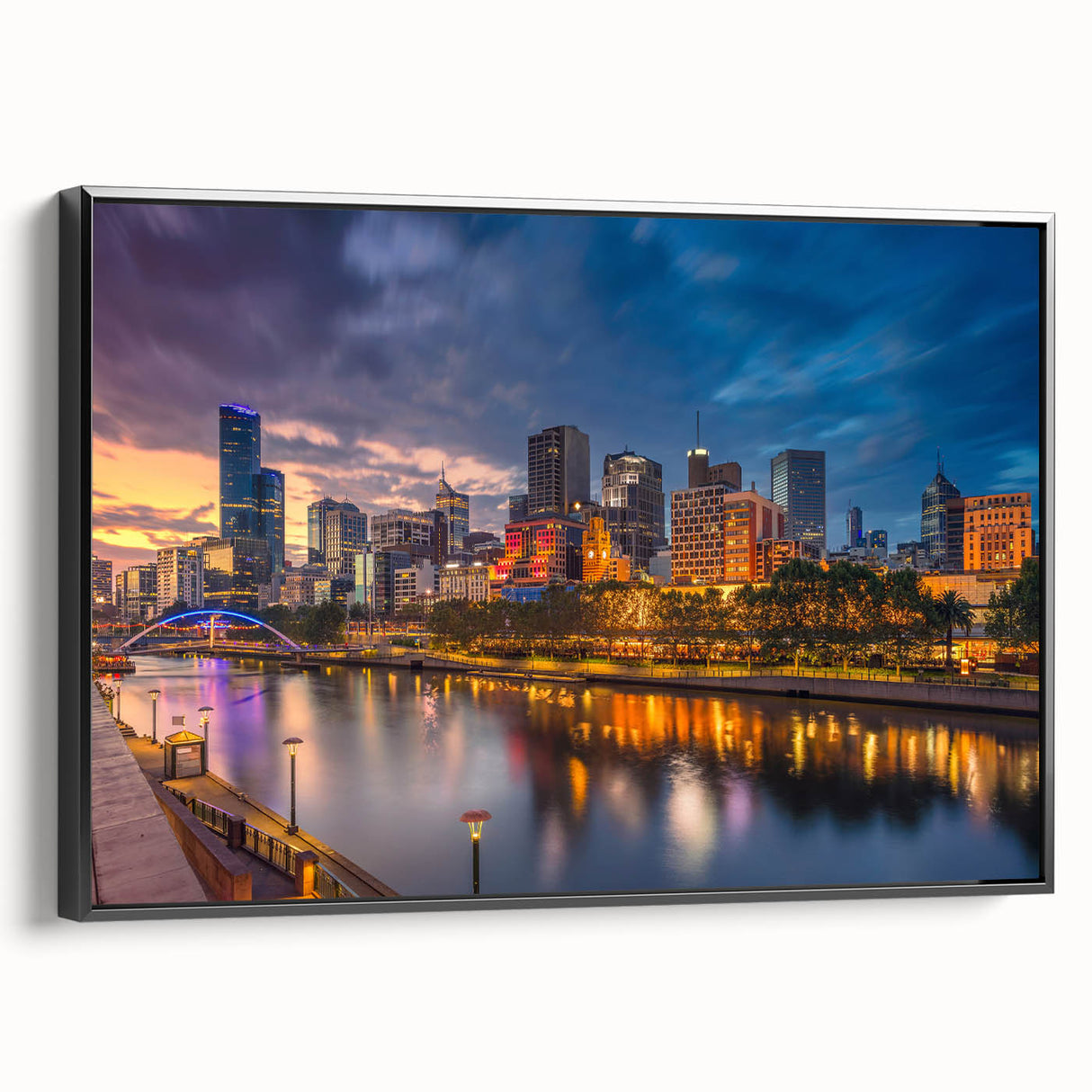 Black and white framed canvas of Melbourne landscape, vintage poster style, ideal for bedroom wall decor.