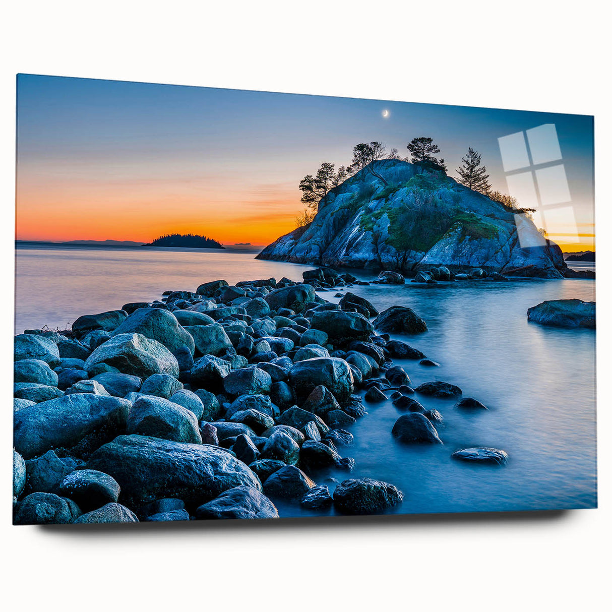 Large abstract wall art of British Columbia scenery in vibrant greens and blues on acrylic glass.