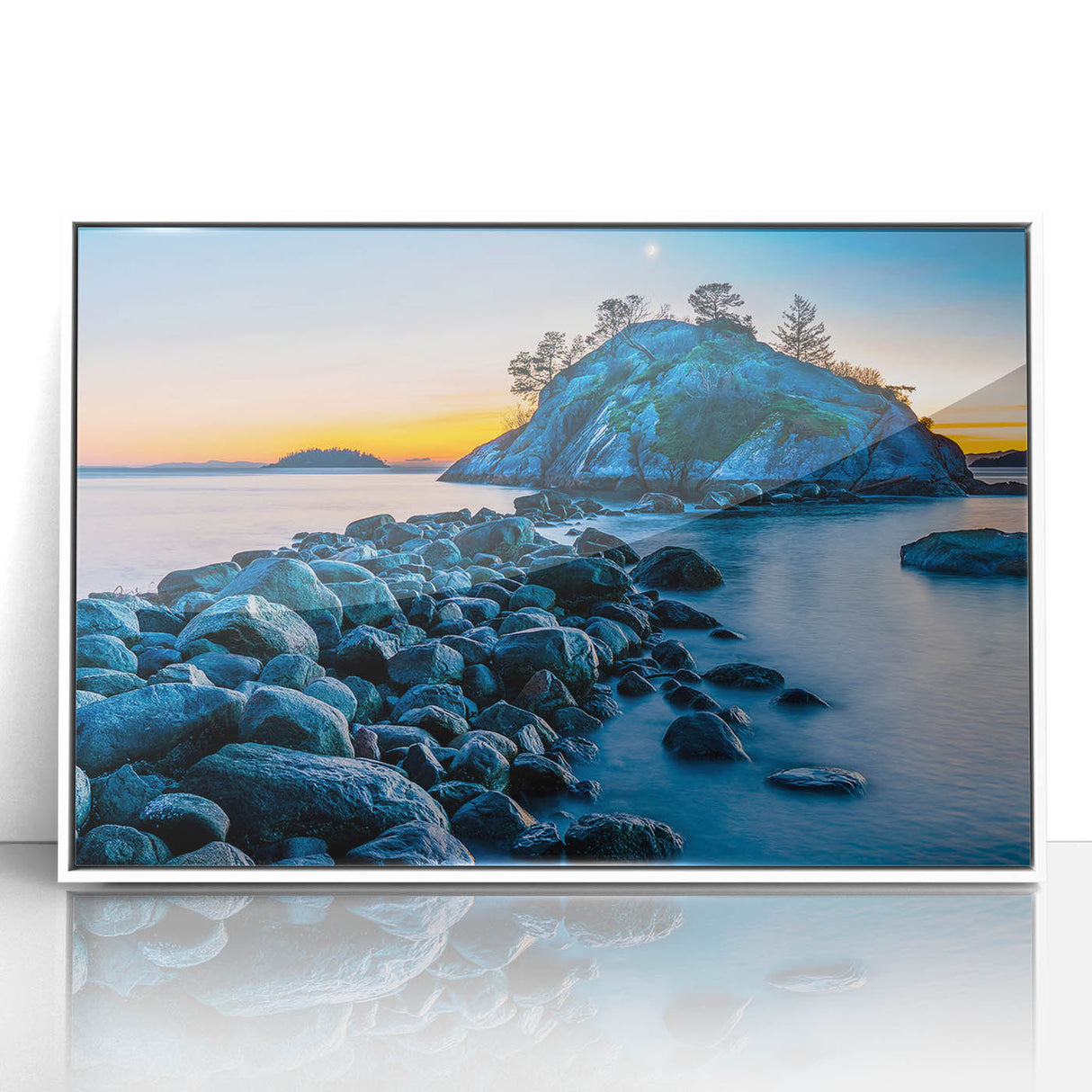 Acrylic print of British Columbia scenery in muted green and blue tones, framed in white, suitable for modern art wall decor.