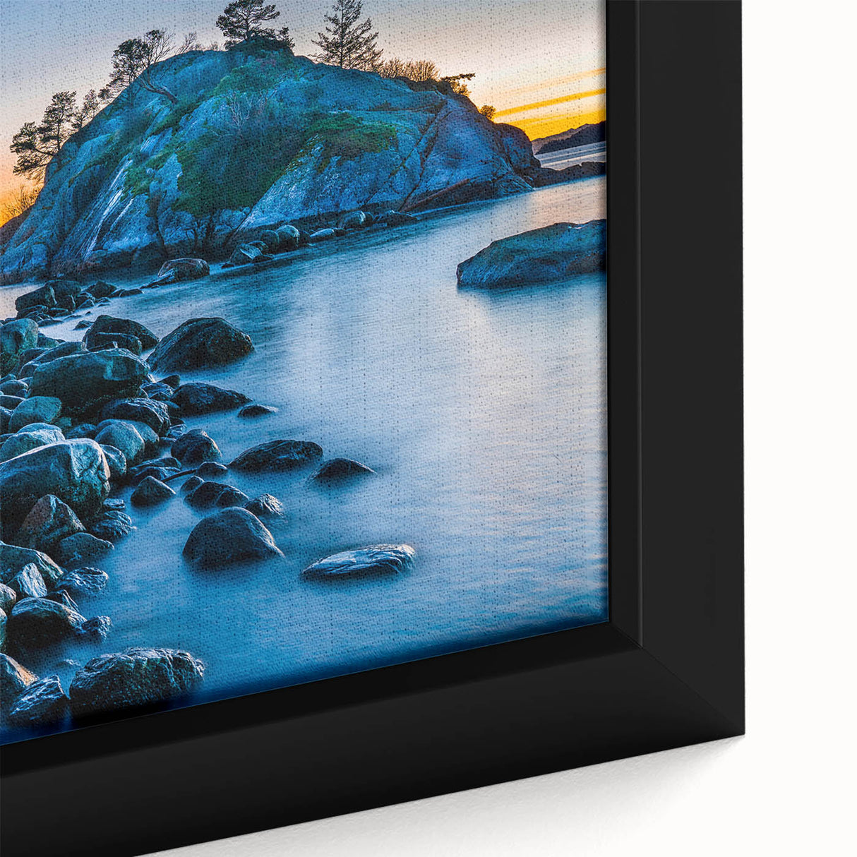 Extra large framed canvas featuring a textured, colorful depiction of British Columbia scenery, ideal for living room decor.