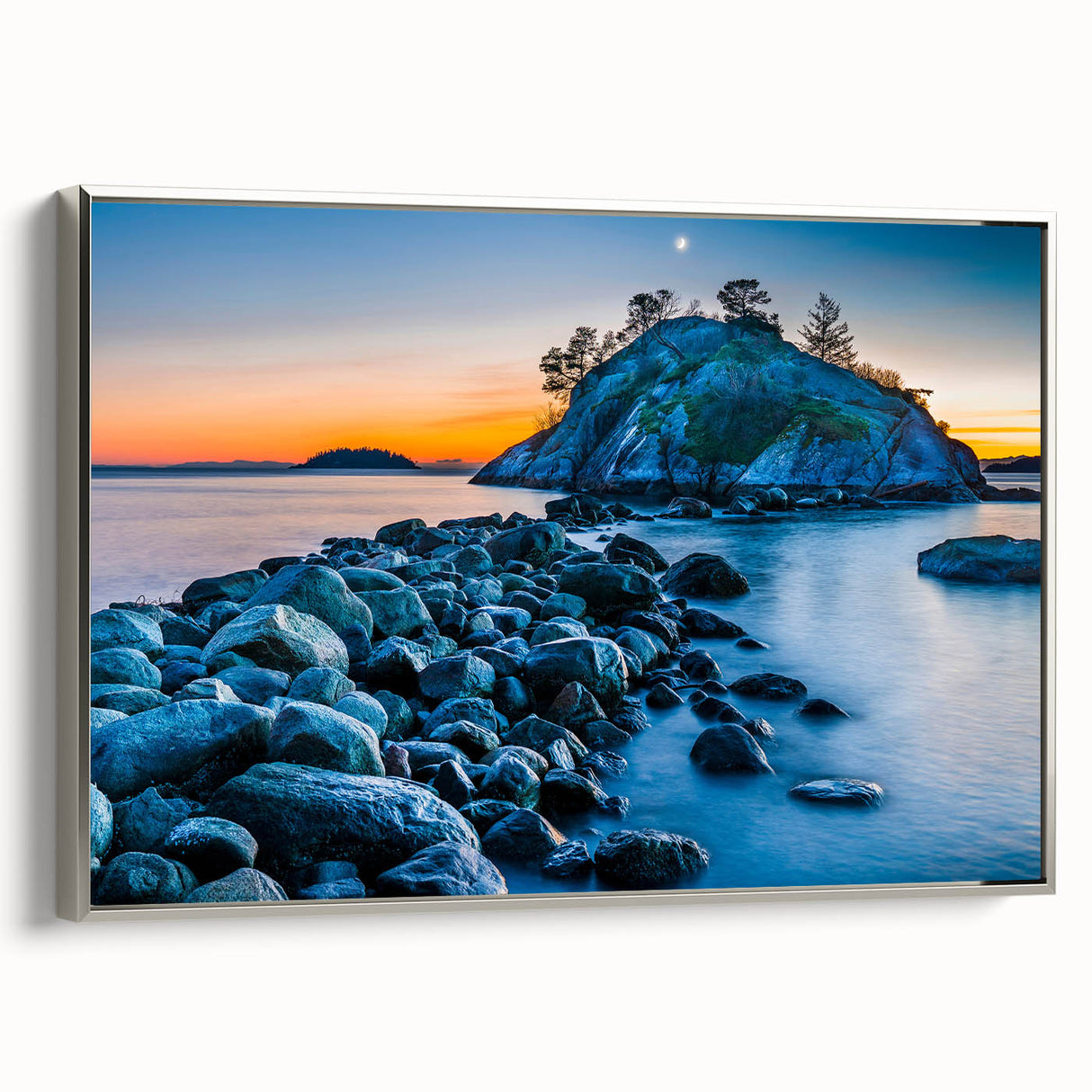 Landscape art painting of British Columbia with vibrant hues on a framed canvas, ideal for living room decor.