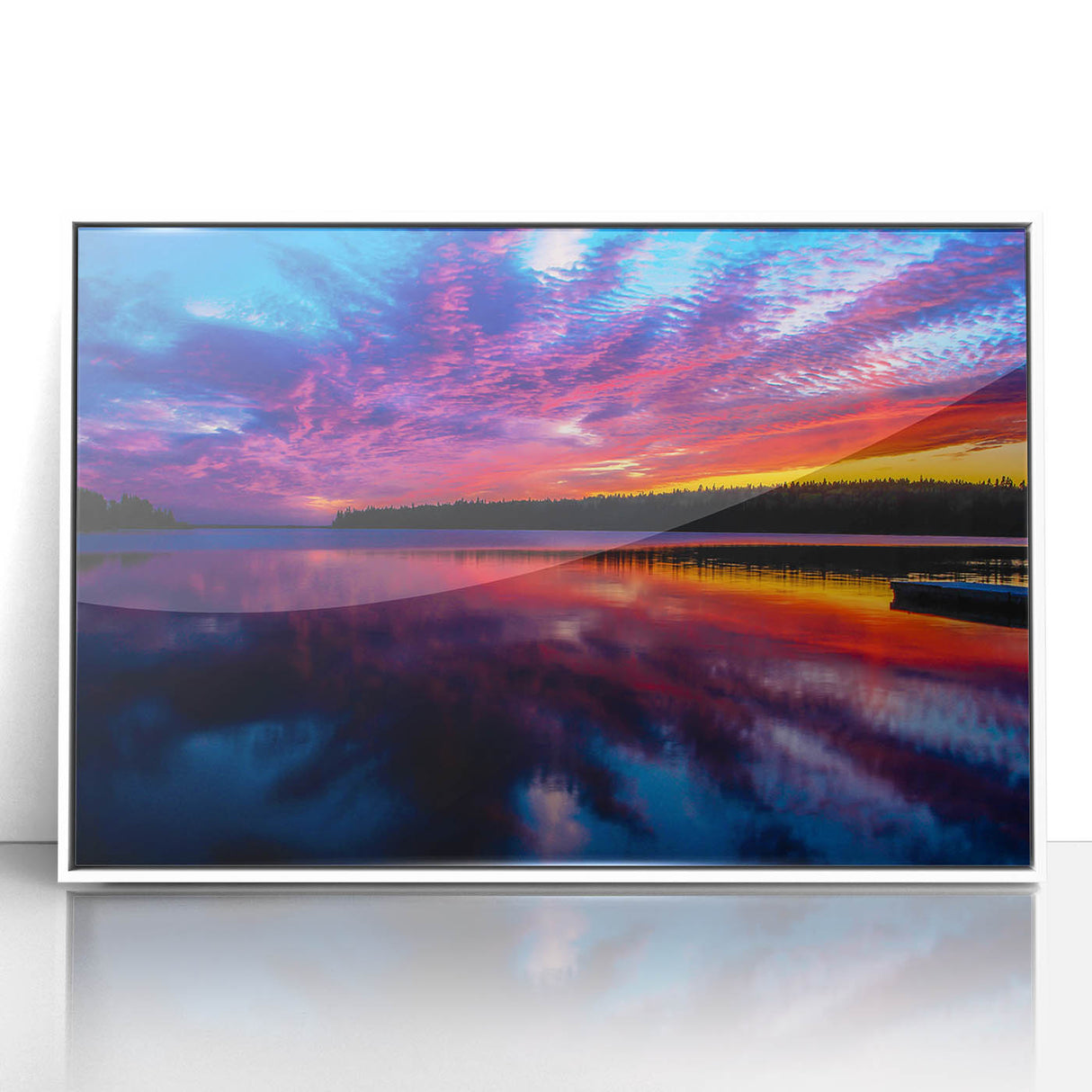 Art deco poster depicting a serene Manitoba, Canada scenery in muted tones on white framed acrylic.