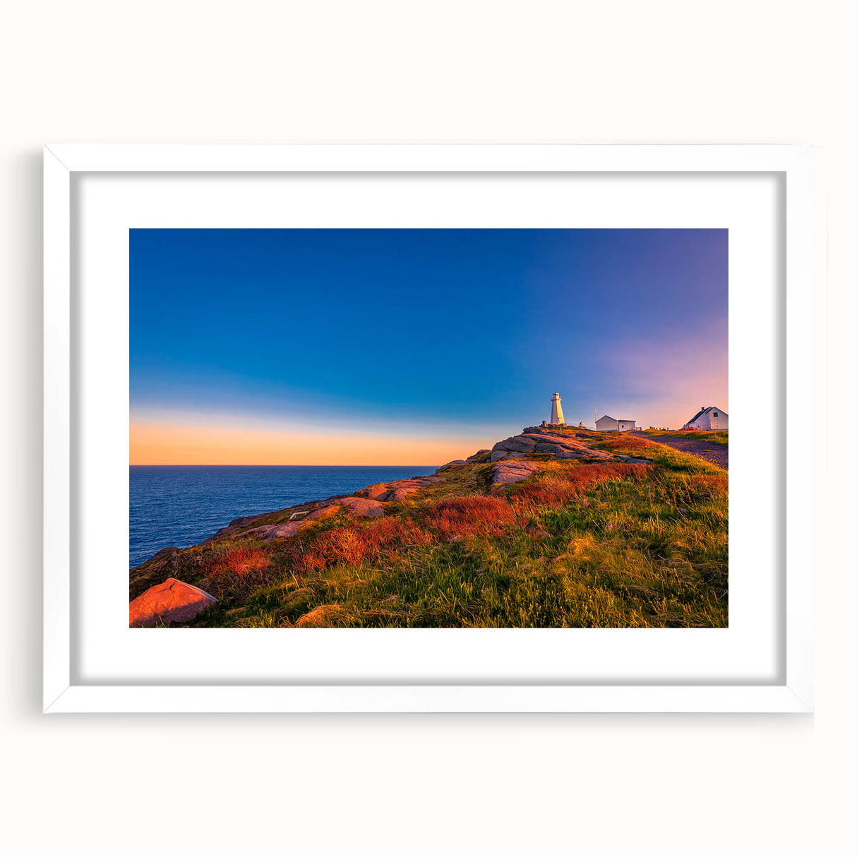 Abstract art print of a Newfoundland scenery in muted earth tones, framed with a white mat, suitable for dining room decor.