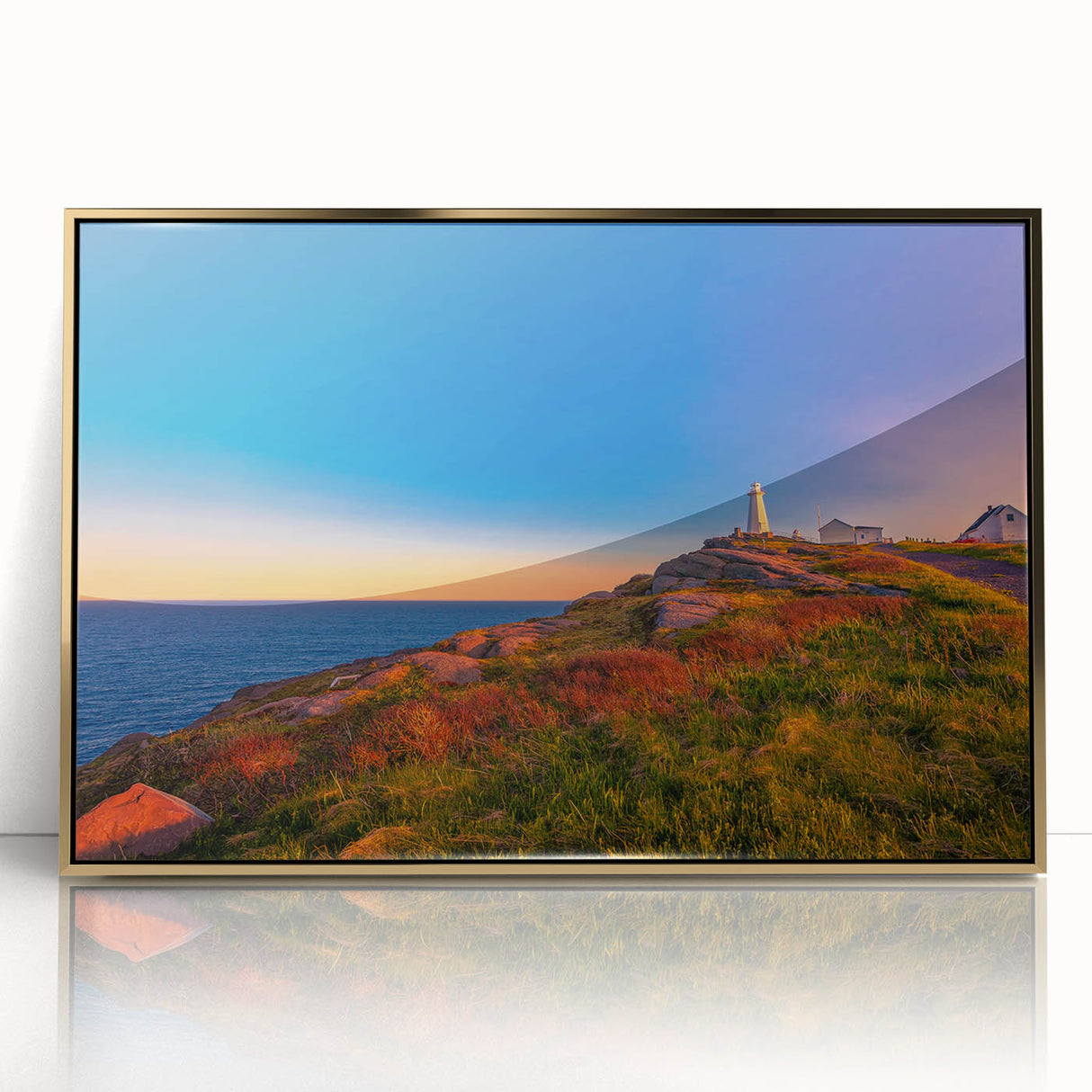 Mid-century modernist acrylic print of Newfoundland scenery in gold frame, ideal for nursery wall art.