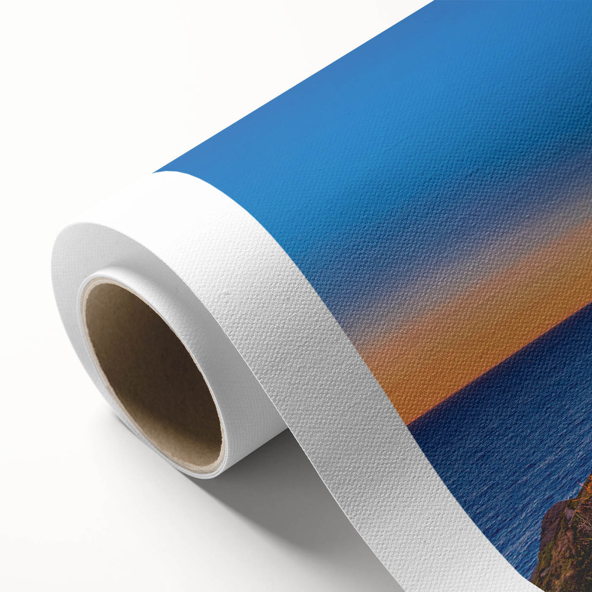 Art deco poster of Newfoundland scenery in muted earth tones on rolled canvas.