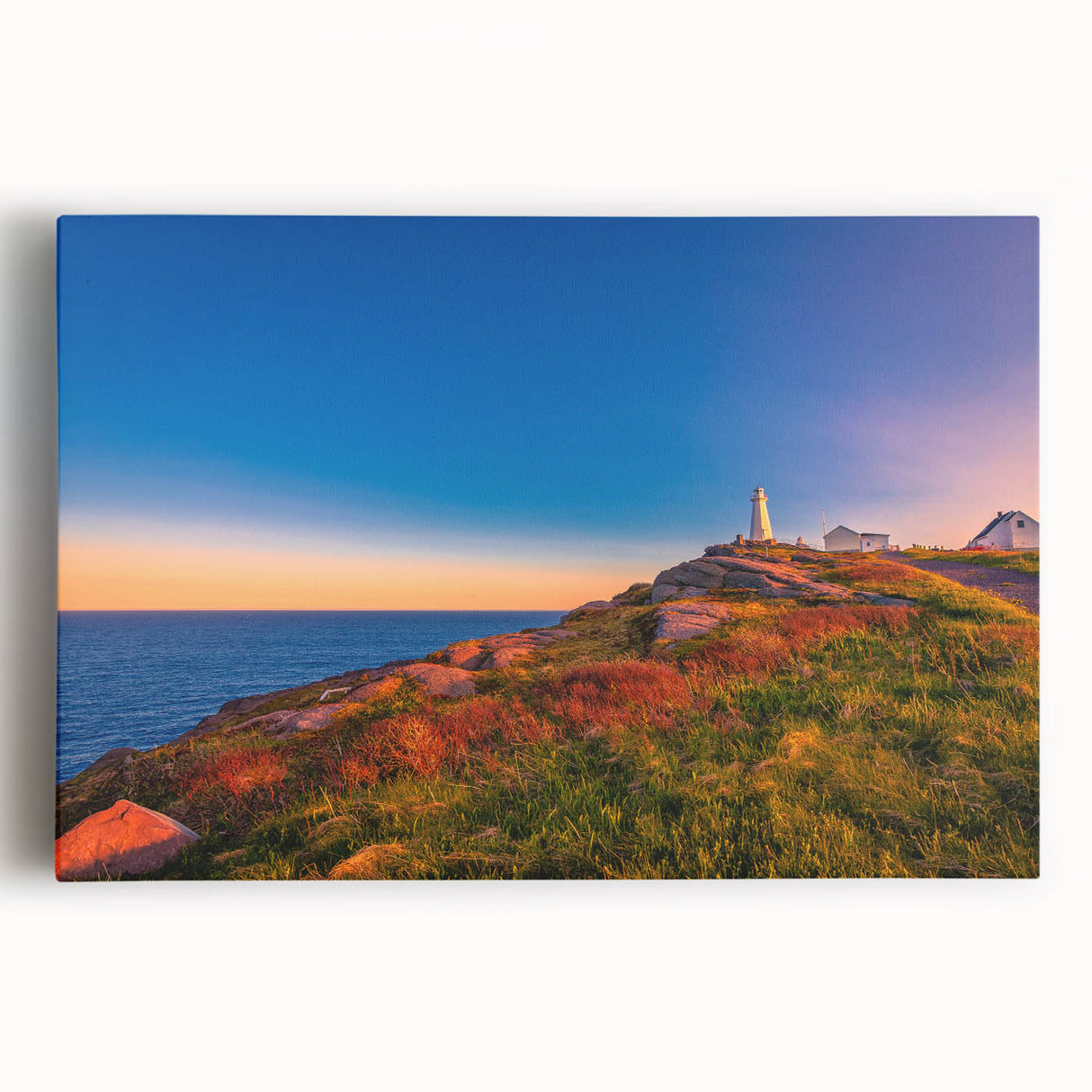 Black and white photograph of Newfoundland scenery on stretched canvas, ideal for kitchen wall art.