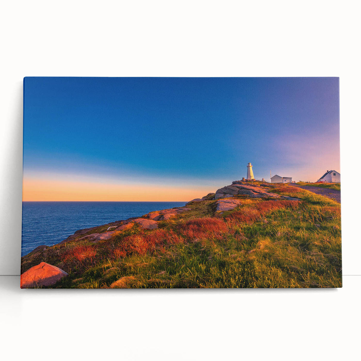 Black and white photograph of a Newfoundland coastal scene on stretched canvas, ideal for kitchen wall art.