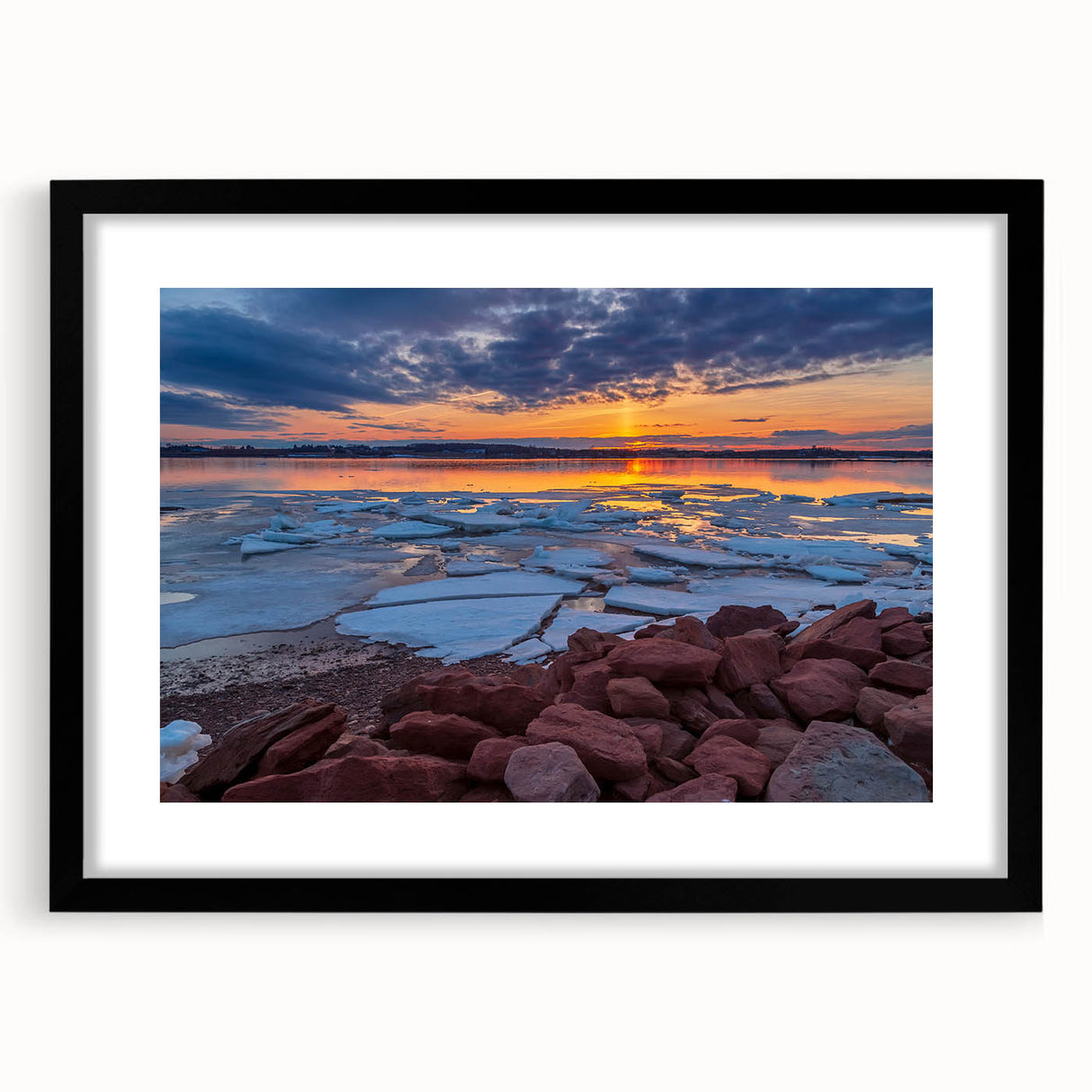 Abstract art print of a colorful, textured Canadian landscape on a black-framed, matted canvas, ideal for living room decor.