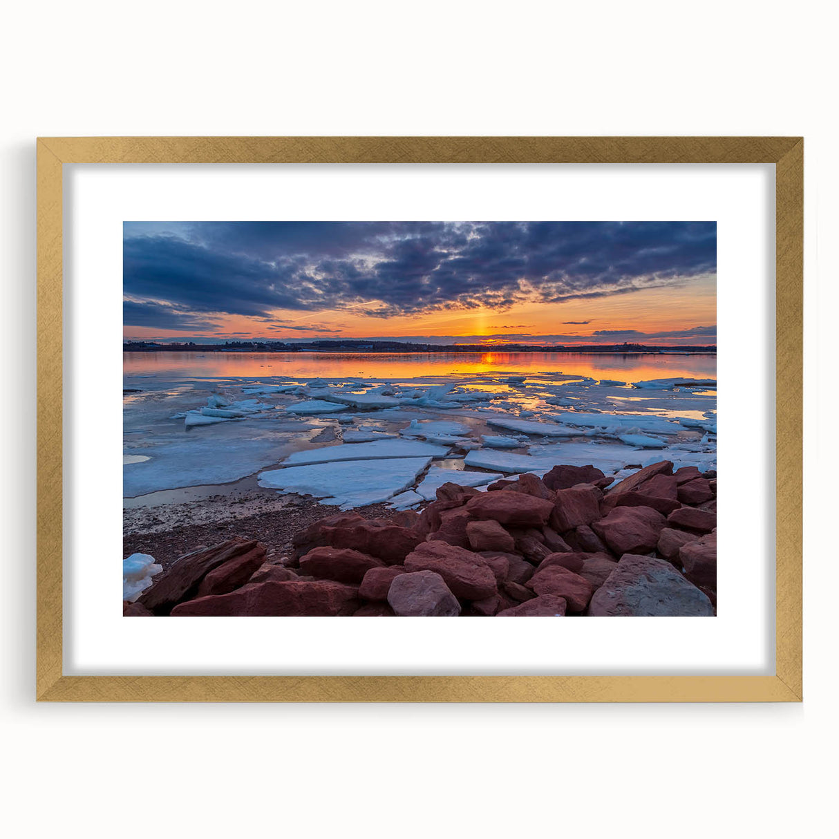 Extra large wall art depicting an abstract textured scene of Prince Edward Island in muted earth tones, framed in gold.