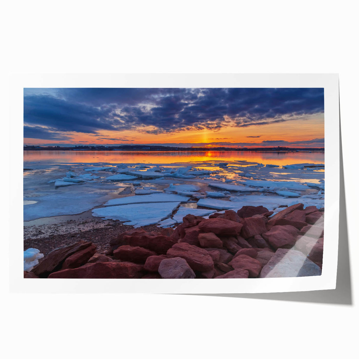 Rolled canvas print of Prince Edward Island with vibrant green landscapes and blue skies, ideal for dining room wall art.