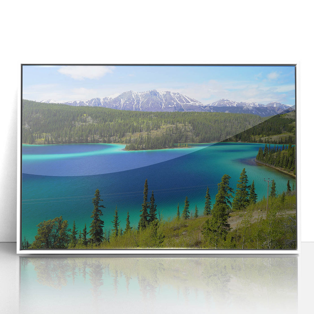 Acrylic print of a serene Yukon scenery in muted earth tones, framed in white, suitable for nursery wall art.