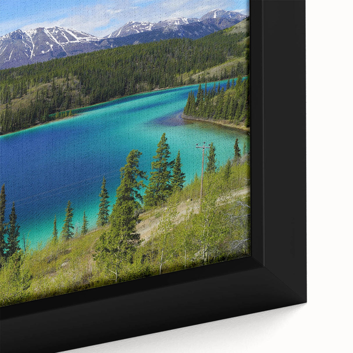 Framed canvas depicting a textured, colorful Yukon scenery in black with vibrant twilight hues, ideal for living room decor.