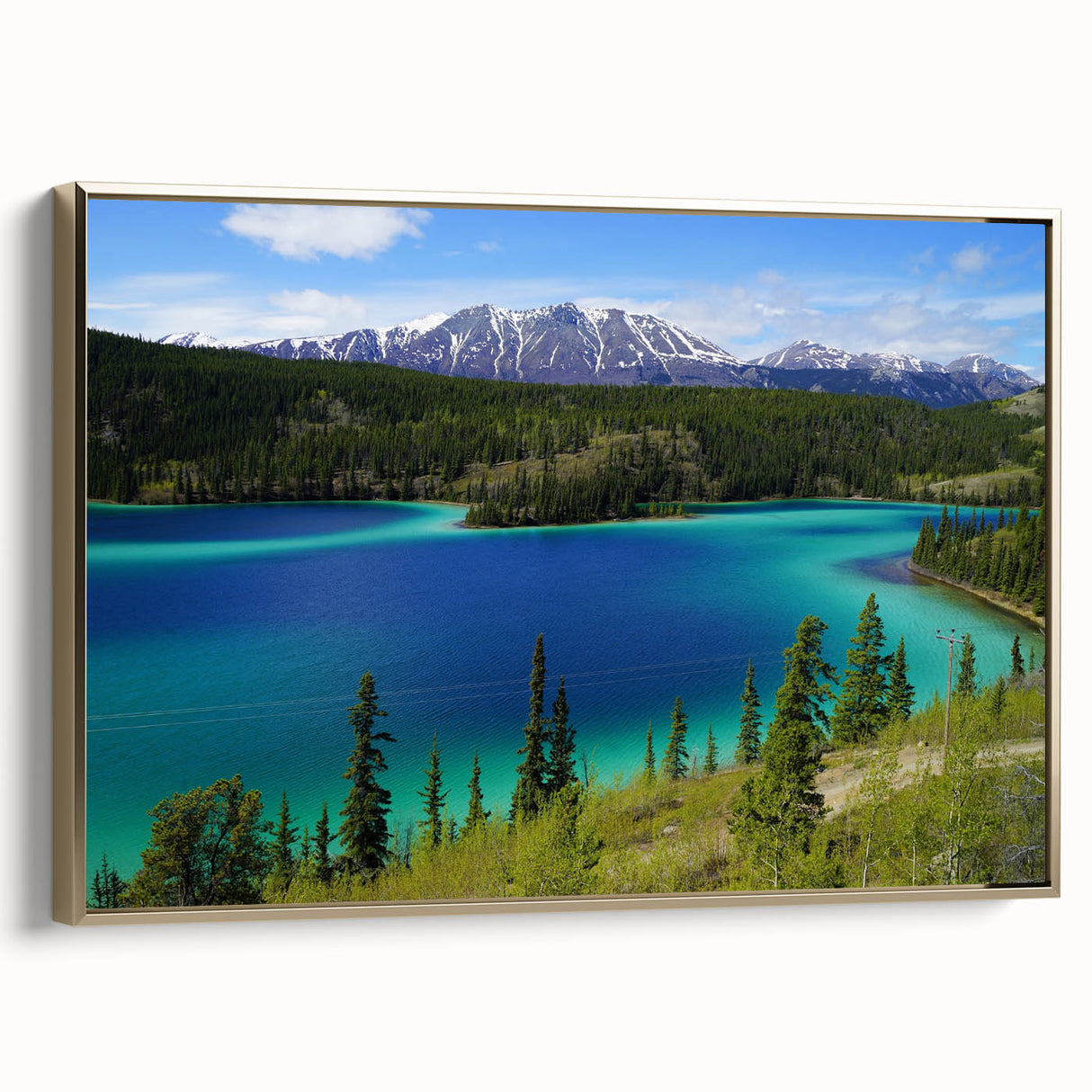 Framed canvas depicting a vintage-style Yukon landscape with deep black and gold tones, suitable for bedroom wall art.