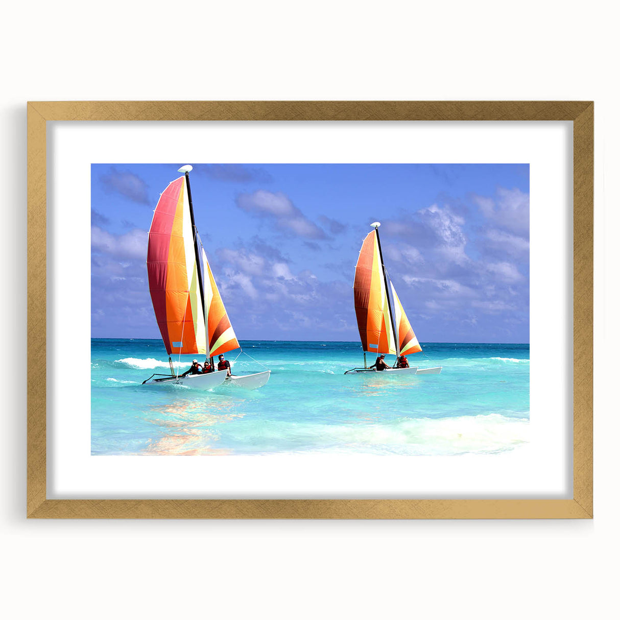Abstract art print of a Caribbean scenery in gold frame, featuring vibrant blue and green tones, ideal for dining room decor.