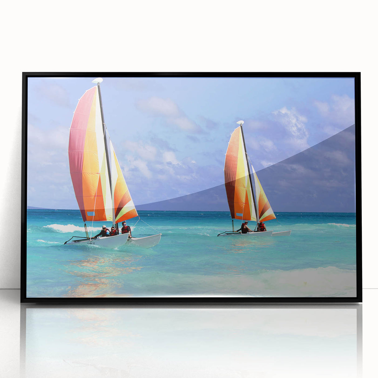 Large abstract wall art of a Caribbean seascape in vibrant blue and green tones on framed acrylic.