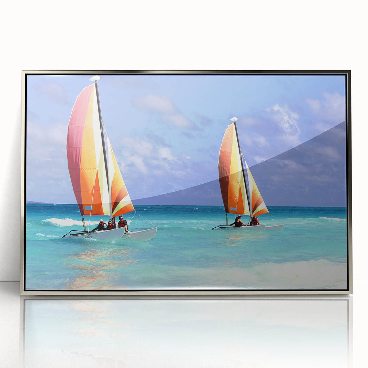 Mid-century modernist style large art print of a Caribbean Barbados scenery in vibrant hues, framed in silver acrylic.