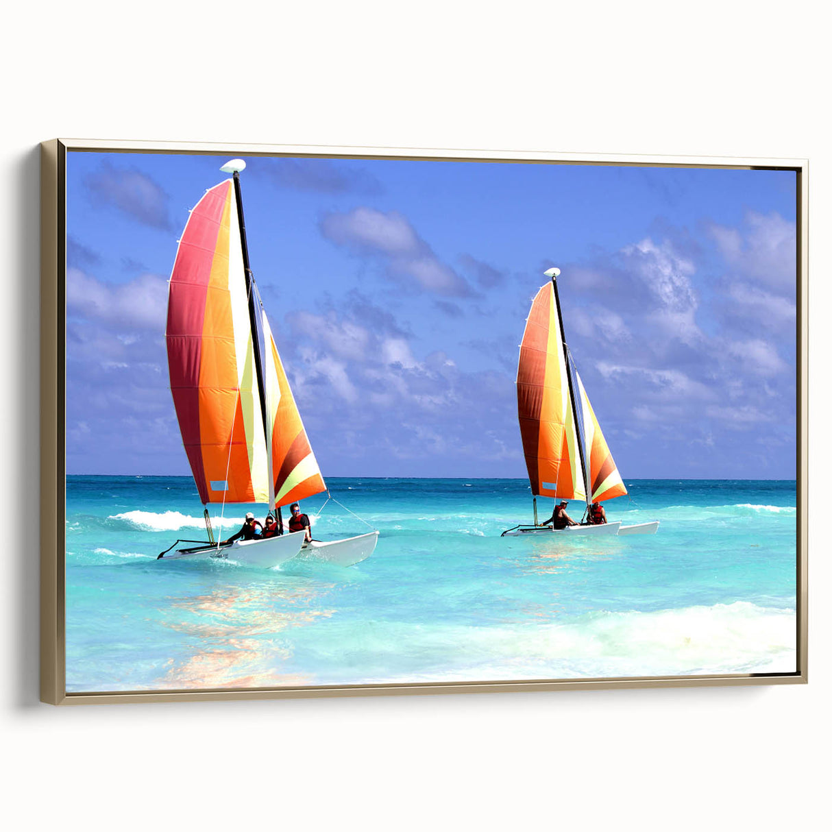 Vintage poster art of a Caribbean Barbados scenery on a framed canvas, featuring vibrant colors and gold accents.