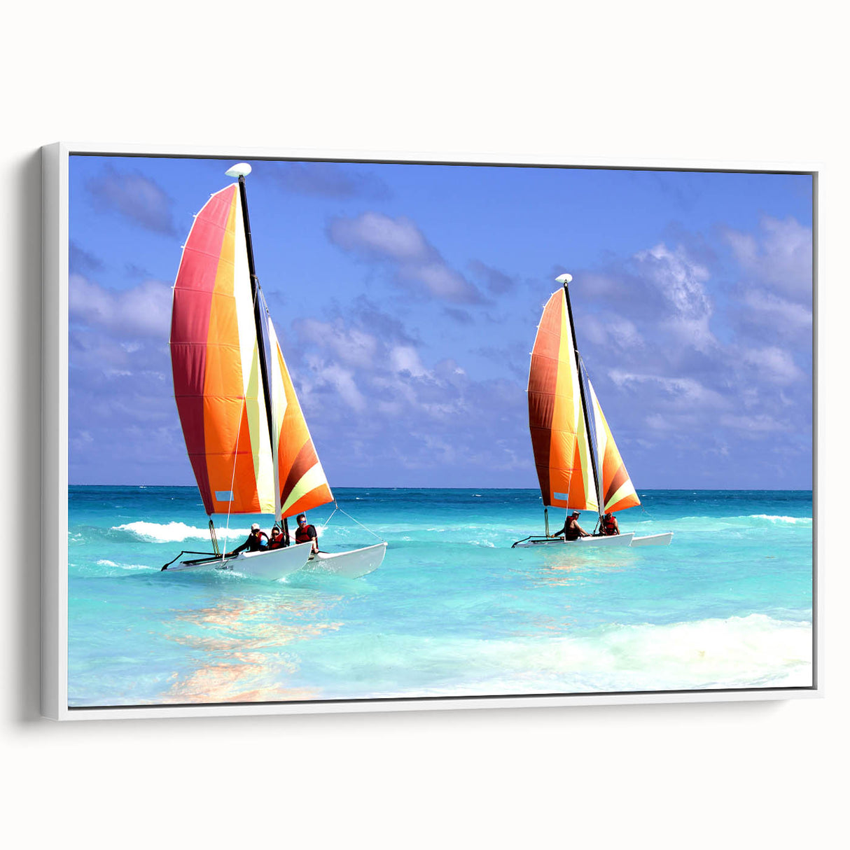 Framed canvas depicting a vintage-style Caribbean landscape with vibrant colors and black accents.
