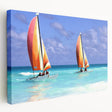 Large canvas print depicting a serene Barbados beach scene in soft blue and sandy tones, suitable for kitchen wall art.